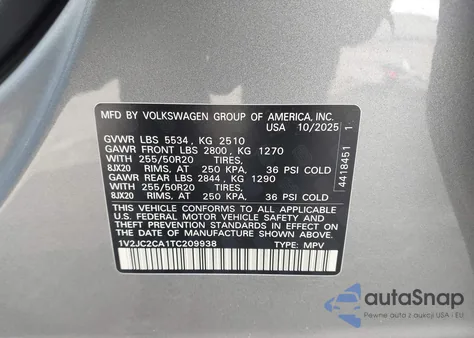 2026 Volkswagen Atlas Cross Sport Se With Technology z USA, uszkodzony, nr VIN 1V2JC2CA1TC209938